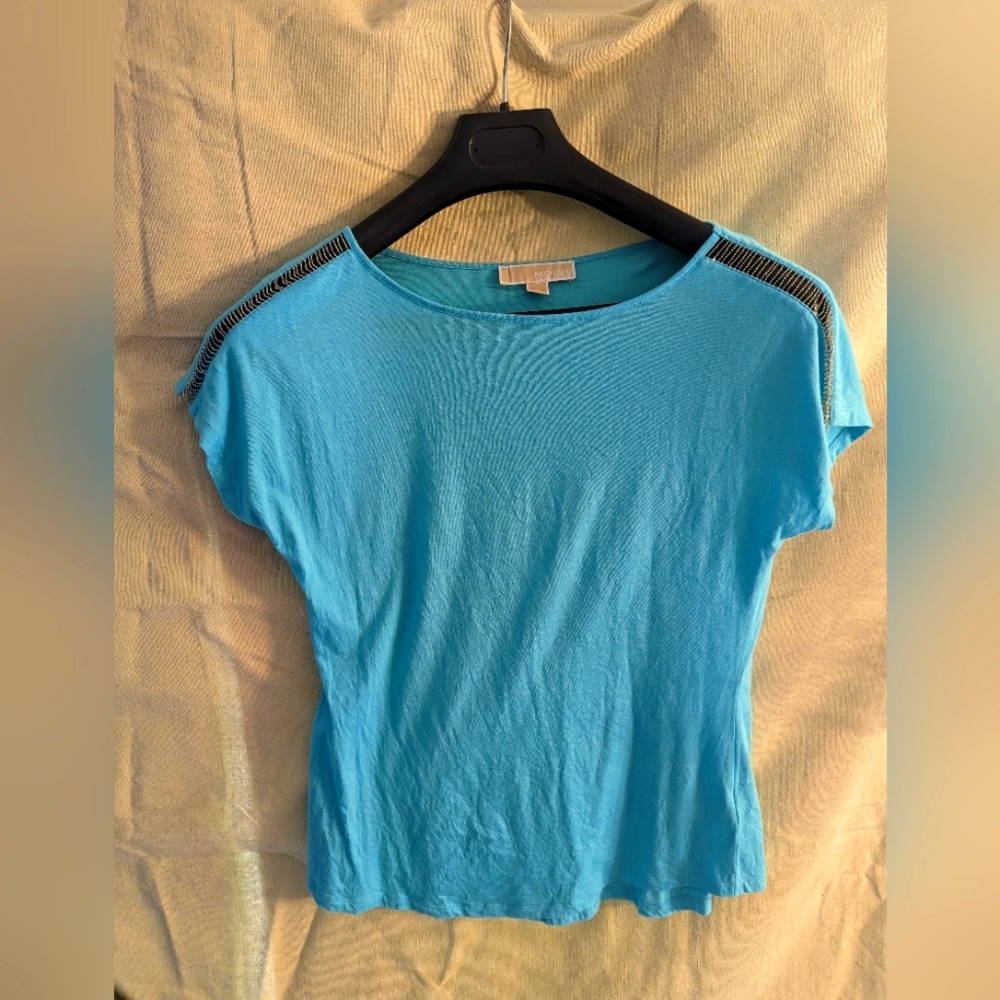 Michael Kors Teal Woman's Top Beaded Shoulders Size S Short Sleeve